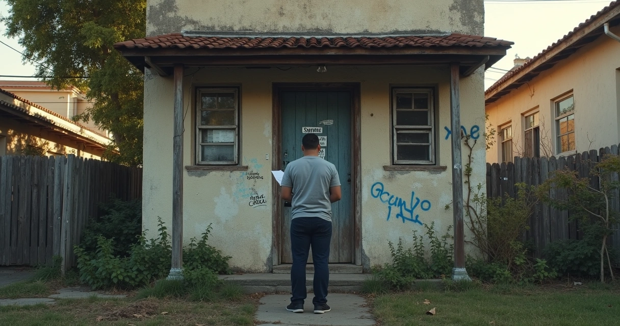 Pessoa observando imóvel de leilão com placa de ocupado na porta 