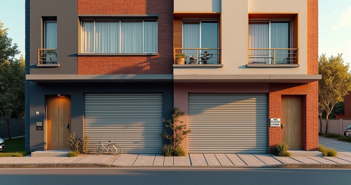 Fachada dividida de imóvel mostrando metade ocupada e metade desocupada 