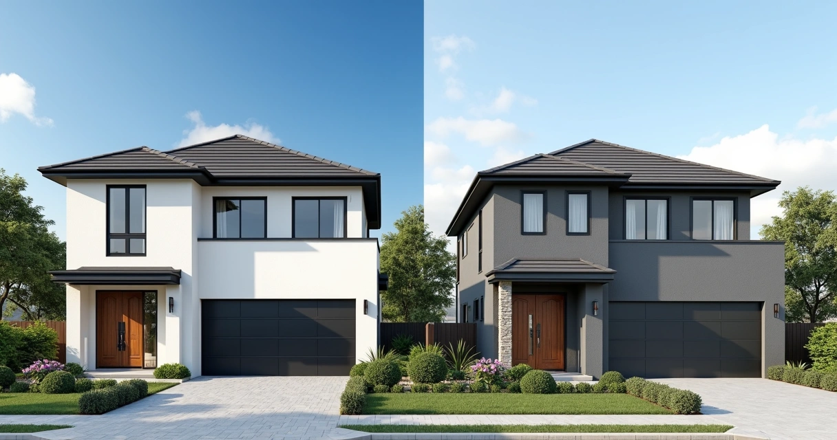 Duas fachadas de imóveis, um popular e um de alto padrão, lado a lado 