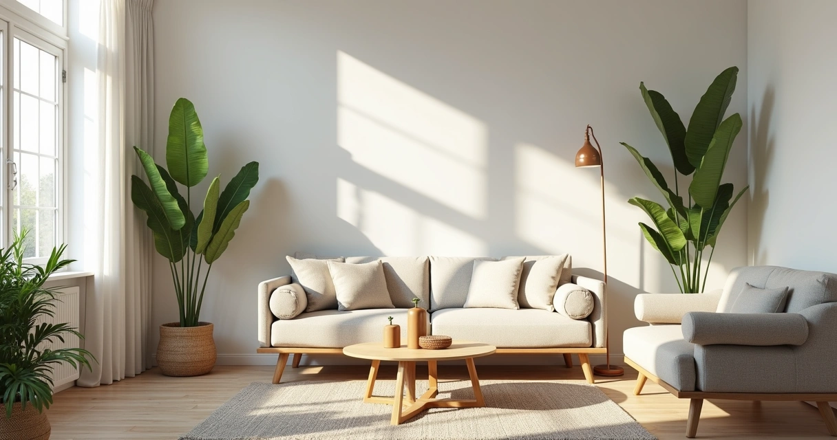 Interior de sala de estar organizada e iluminada para fotografia imobiliária, com móveis arrumados e decoração neutra 