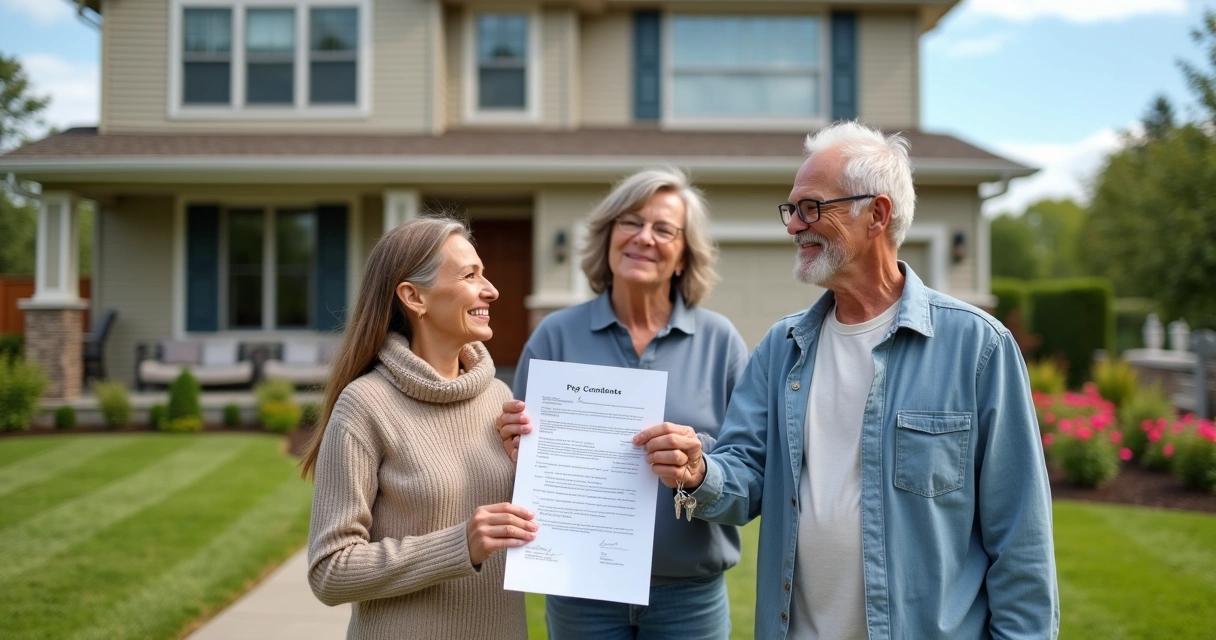 Família feliz com contrato em mãos após regularizar imóvel 