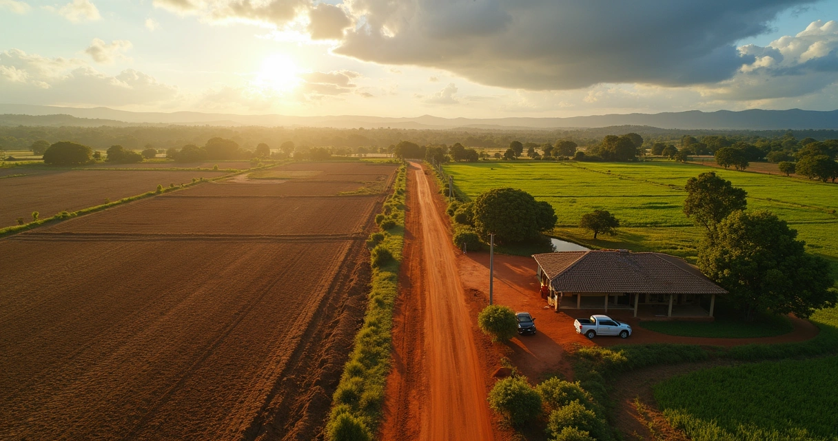 Fazenda vista de cima com estrada de terra sinuosa e áreas secas e verdes contrastando 