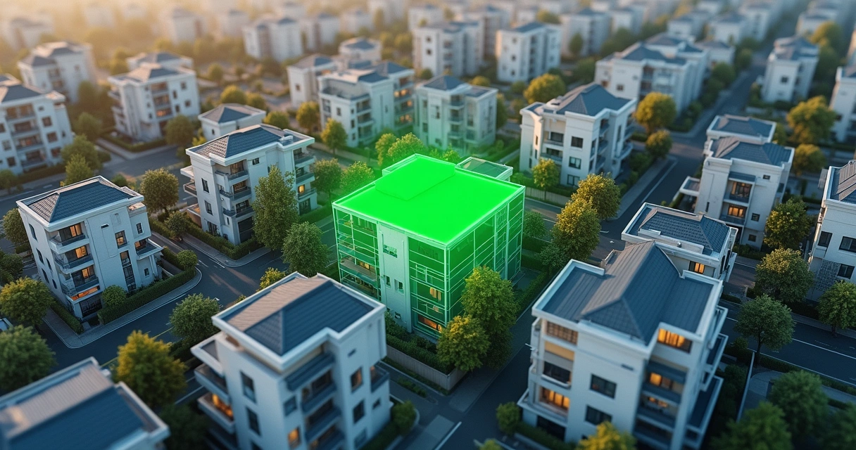 Vista superior de bairro urbano destacando imóvel barato 