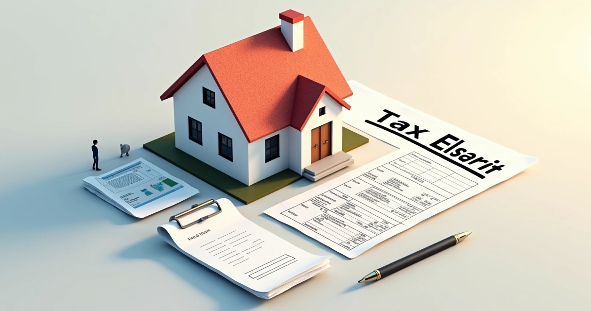Casa com documentos de impostos e contrato de compra sobreposta 