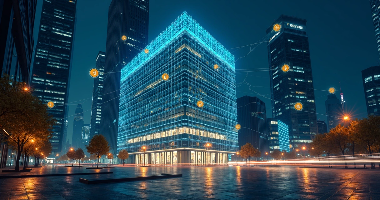 Prédio com camadas digitais e tokens 