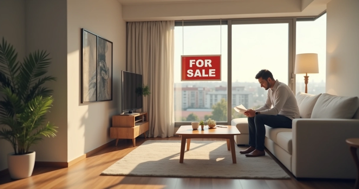 Sala de estar de apartamento com placa de vende-se e móveis modernos 