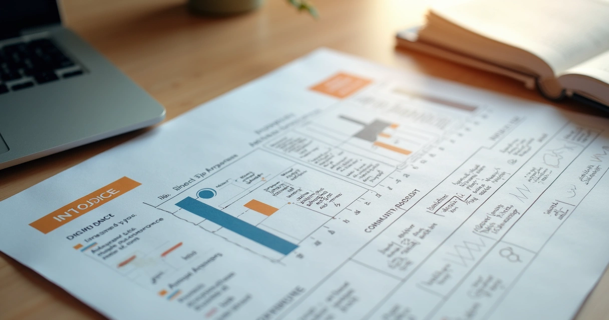 Printed impact charts beside a notebook with handwritten feedback notes