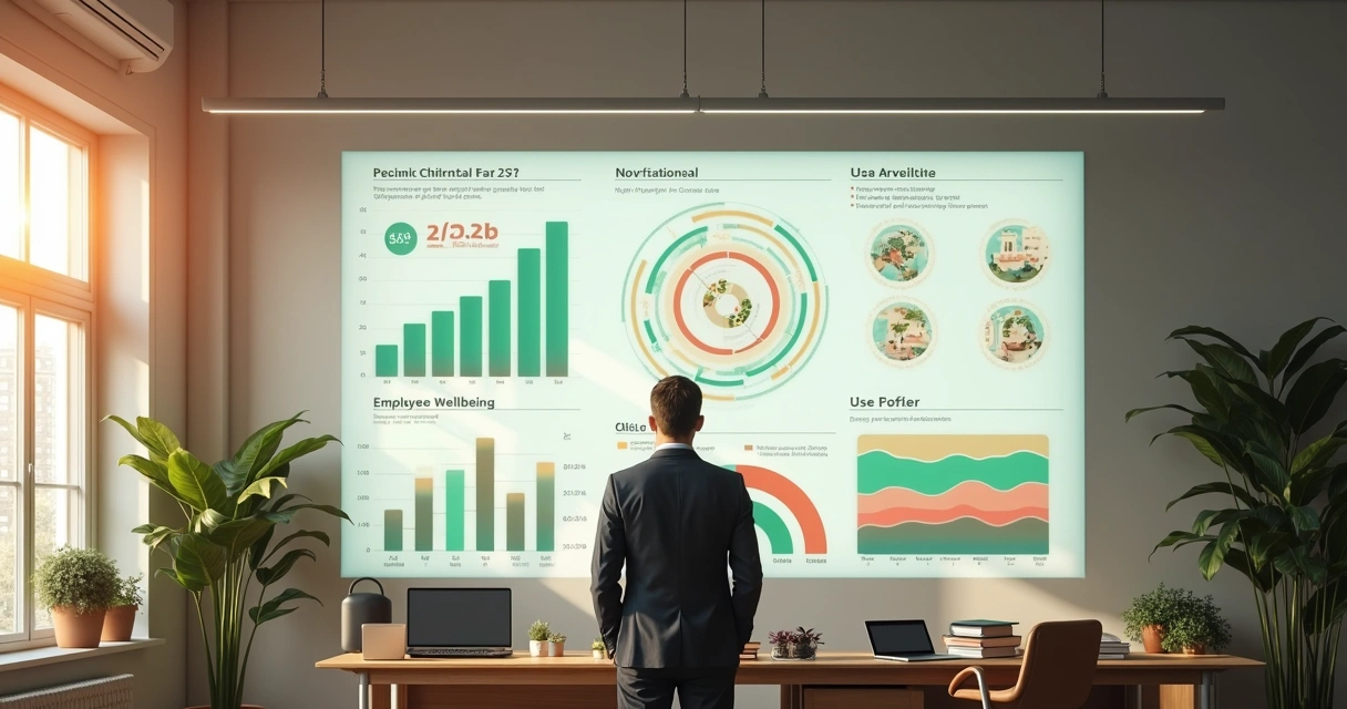 Leader reviewing impact metrics on a digital dashboard with ethical and sustainable goals displayed 