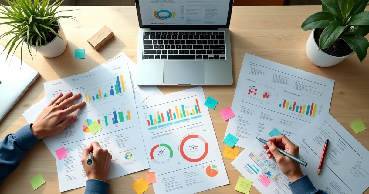 Printed impact metrics and notes on a workspace table