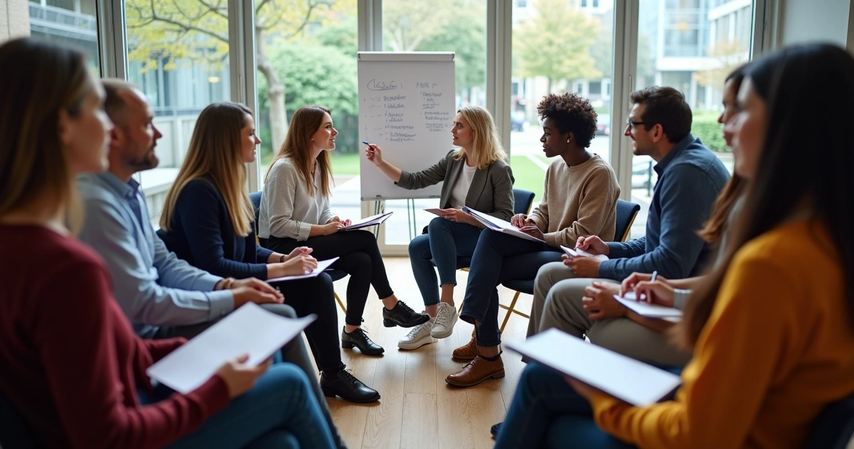 Grupo de personas conversando en círculo, analizando consecuencias