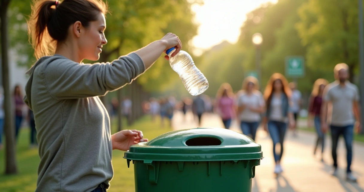 Person throw bottle into recycling bin, group of people in the background, urban park