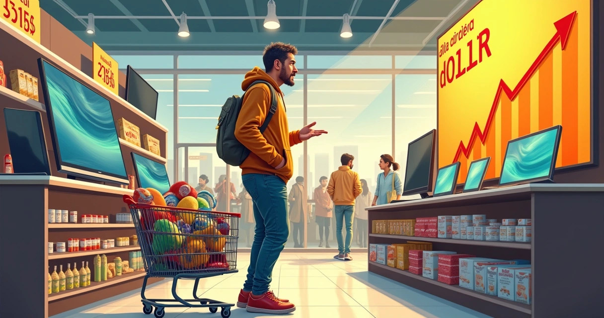 Consumidor em loja observando preços altos de eletrônicos devido à alta do dólar, carrinho de compras ao lado.