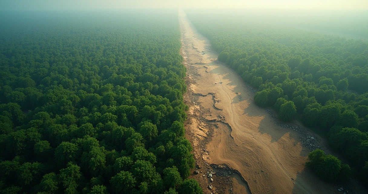 Vista aérea de floresta com área devastada ao lado de área preservada 