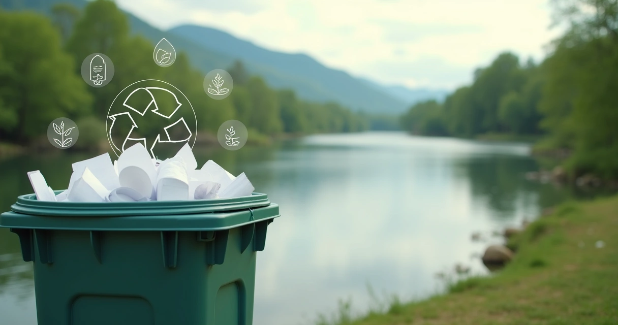 Monitoramento ambiental mostrando papel reciclado na natureza