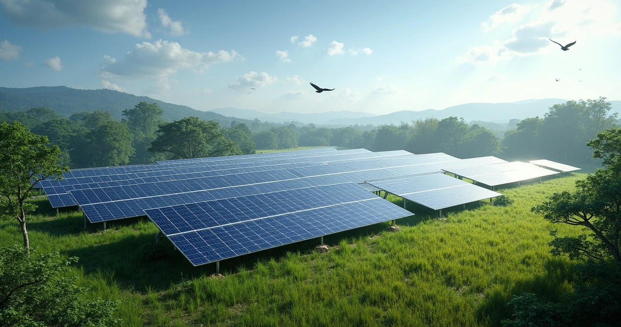 Área de usina solar integrada à natureza com vegetação ao redor