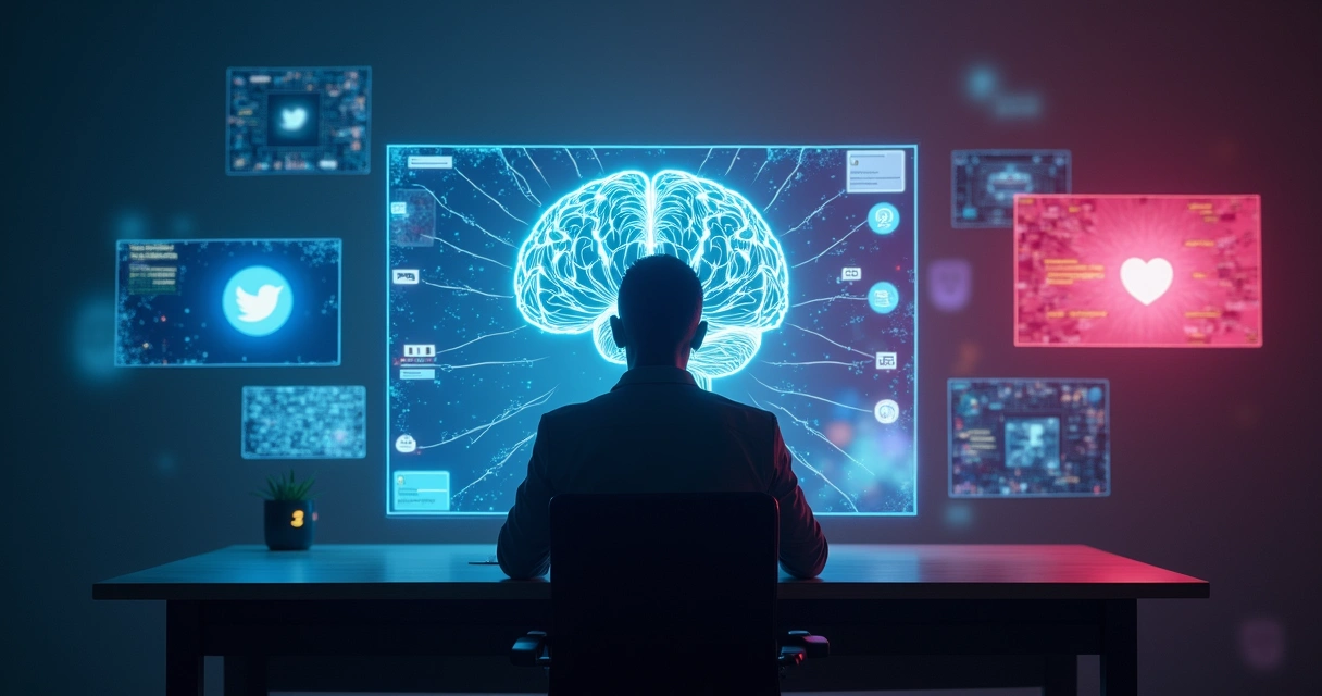 Pessoa em frente a várias telas digitais com metade do rosto iluminada e metade em sombra 