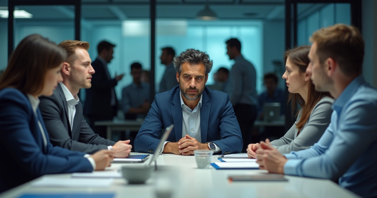 Grupo de pessoas em um ambiente corporativo mostrando clima tenso, rostos preocupados e expressões fechadas. 
