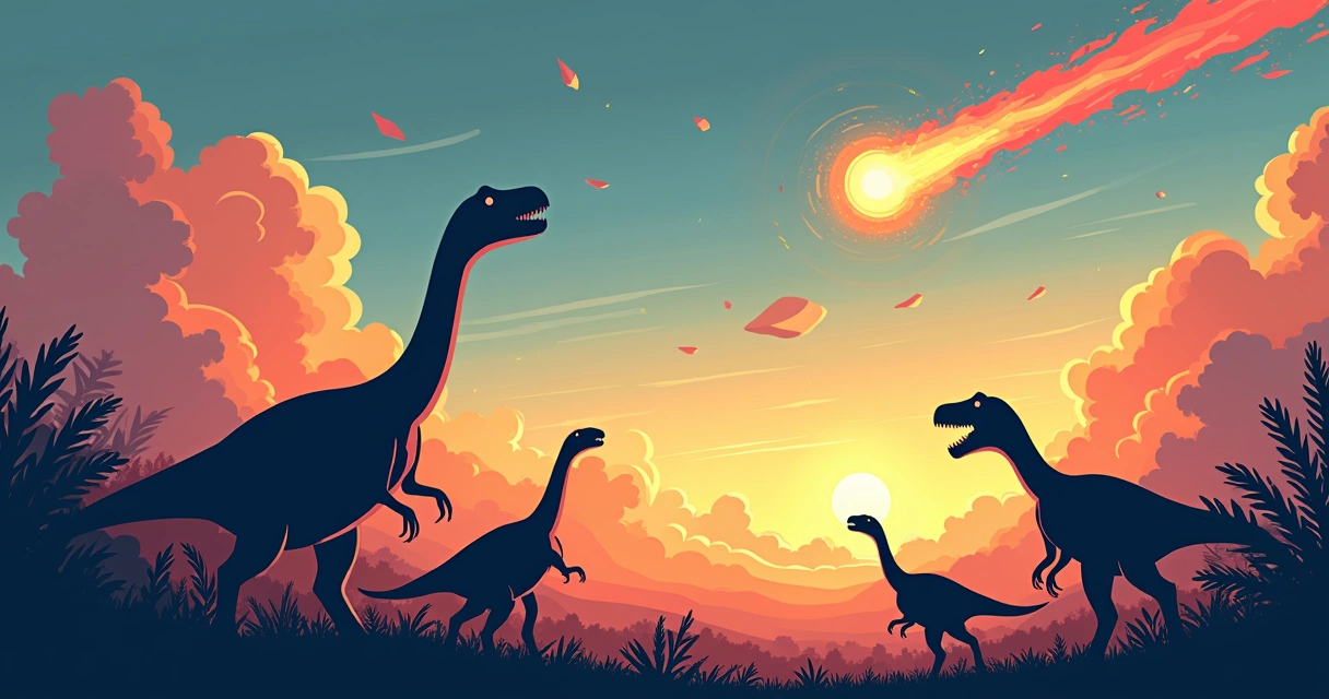 Impacto de asteroide com dinossauros olhando para céu em desespero 