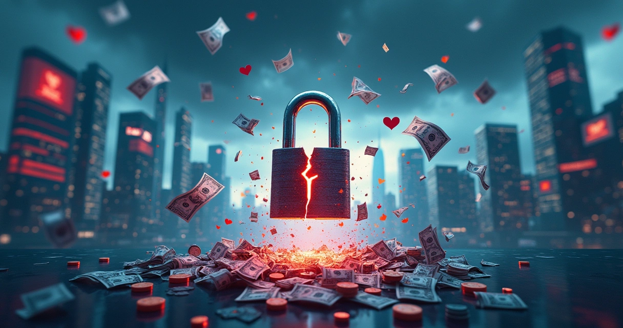 Ilustração mostrando o impacto de ataques cibernéticos na economia, com um cadeado quebrado e dinheiro caindo.