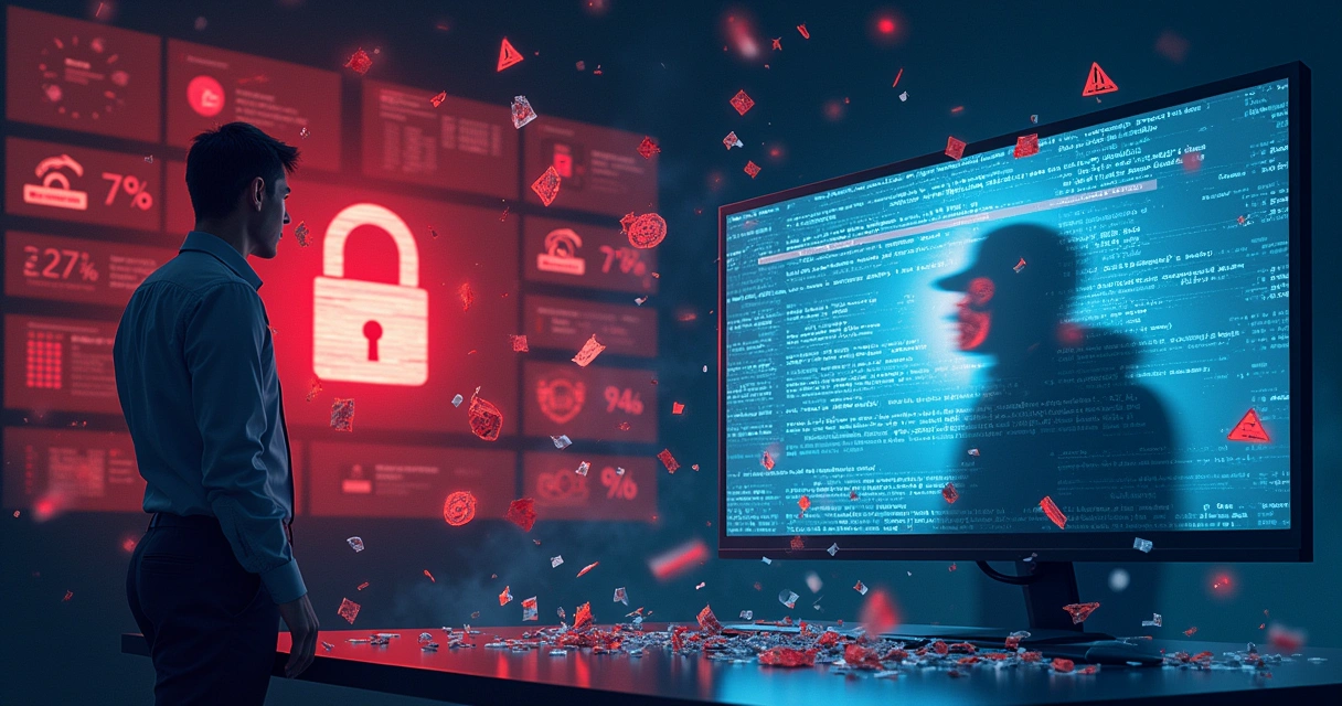 Ilustração de um ataque cibernético com um profissional preocupado em frente a um monitor cheio de alertas e dados roubados.
