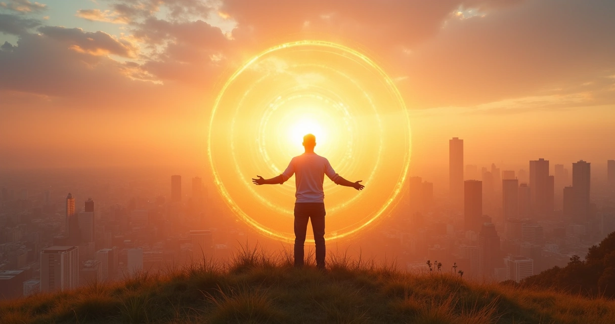 Pessoa em pé em frente a cidade criando ondas de luz que simbolizam impacto humano 