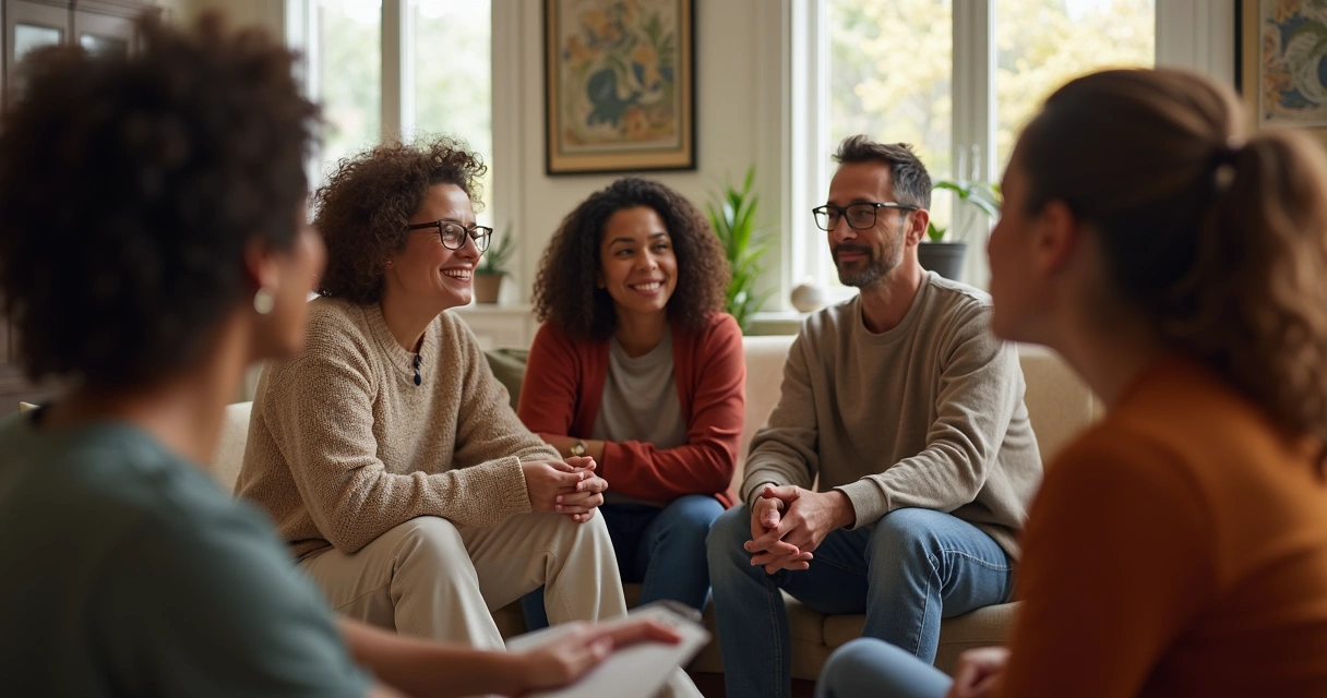 Grupo reunido em círculo, conversando com empatia e confiança, ambiente acolhedor.