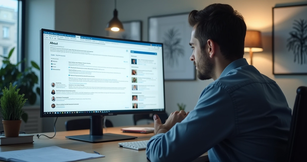 Recrutador analisando a bio de um perfil do LinkedIn no computador