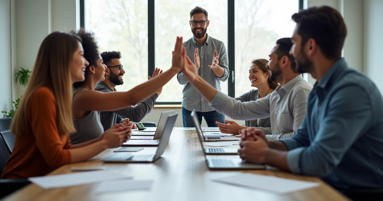 Equipe em sala de reunião sorrindo e celebrando um sucesso 