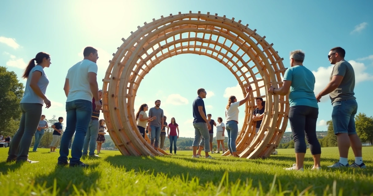 Grupos de personas construyendo juntos una estructura en círculo 