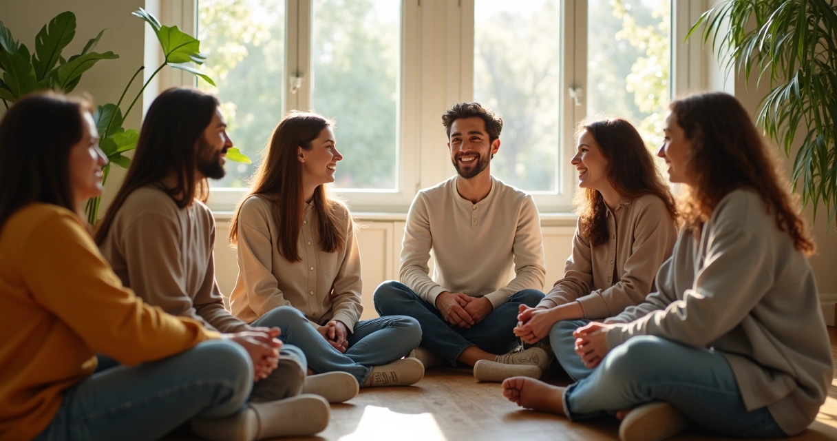 Roda de pessoas sentadas, trocando olhares em ambiente de integração