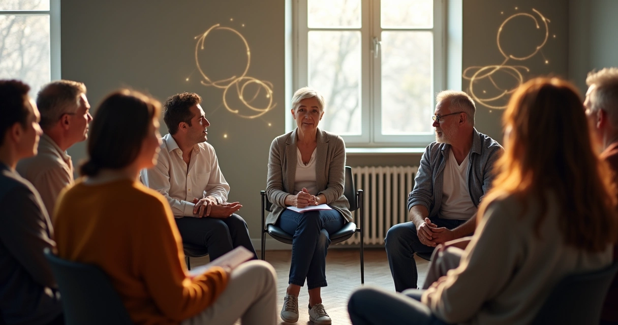 Grupo de pessoas de diferentes idades trocando ideias em círculo, em ambiente iluminado. 