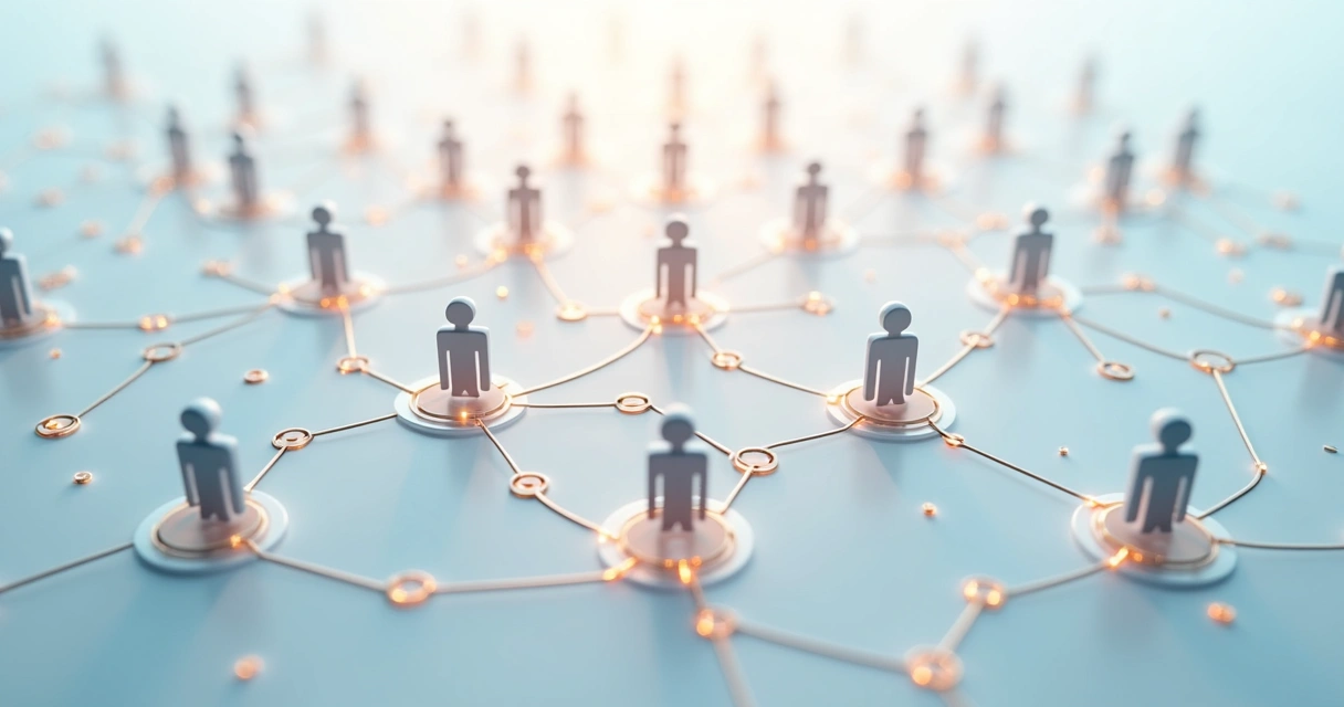 Pequenos círculos conectados formando rede maior sobre fundo claro 