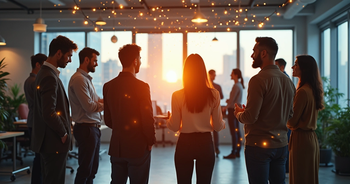 Grupo diversificado de pessoas em roda, conectados por linhas luminosas, simbolizando impacto coletivo em ambiente de trabalho 