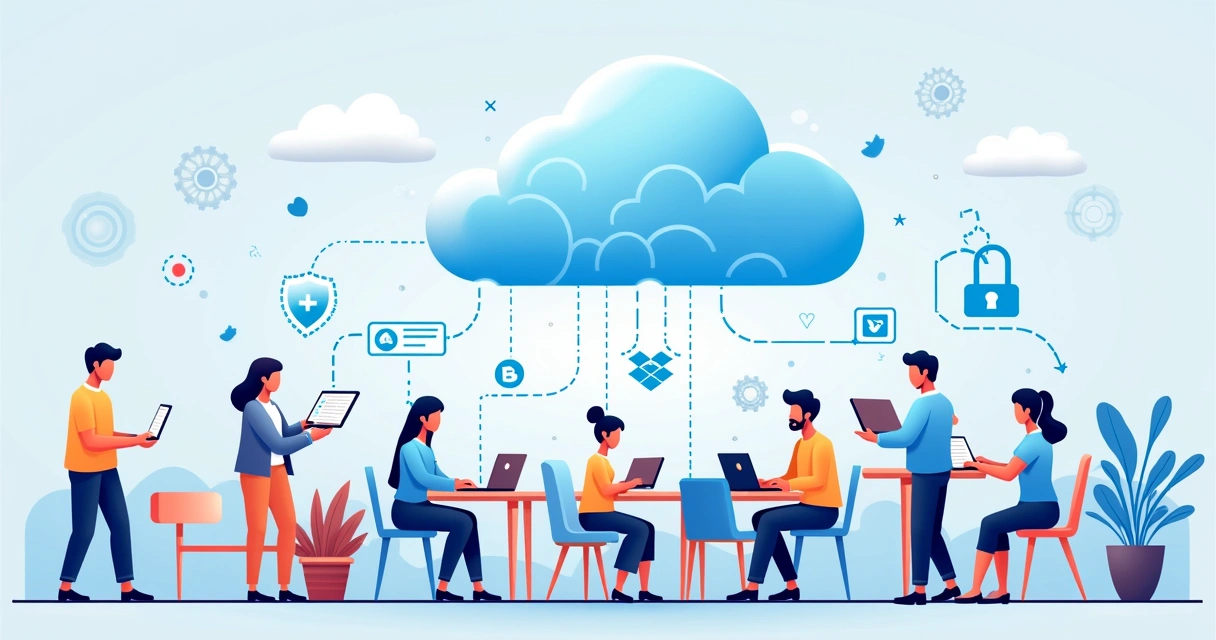 Ilustração da computação em nuvem impactando SaaS, com profissionais trabalhando em diferentes ambientes.