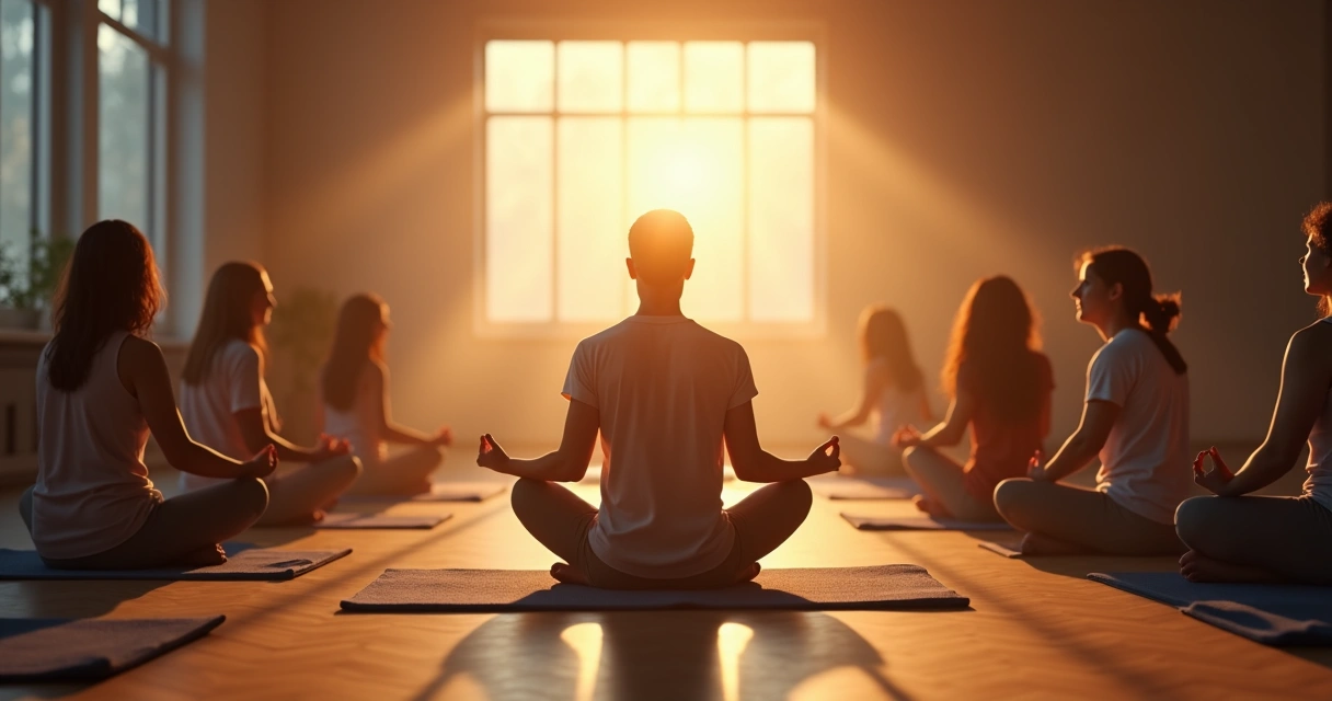 Persona sentada meditando con proyección de energía hacia otras personas en la habitación 