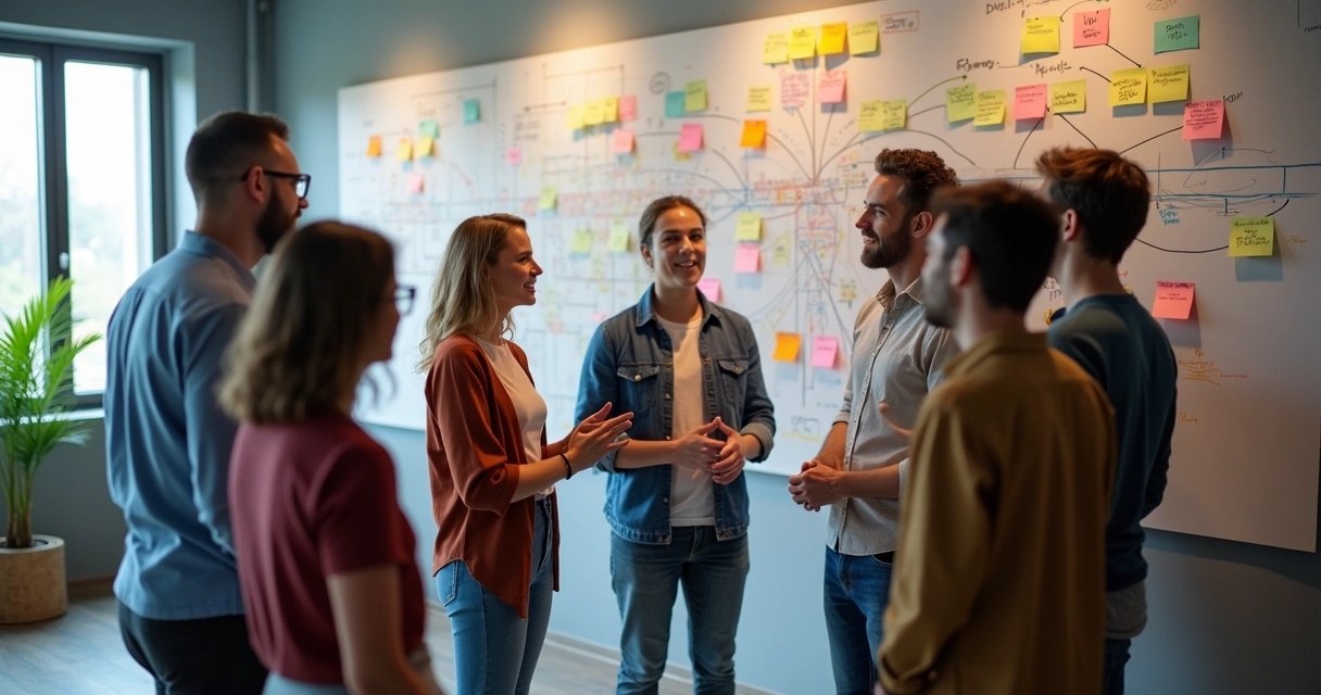 Un círculo formado por personas de distintas edades y géneros intercambiando ideas en un entorno profesional