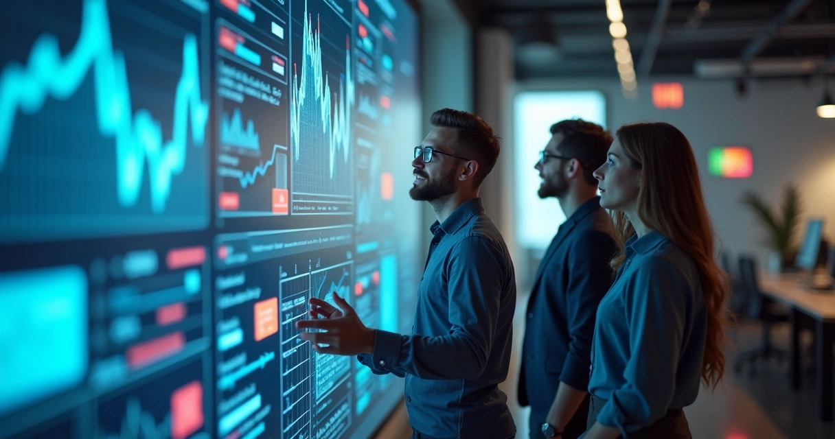 Líder com equipe observando projeção de gráficos na empresa