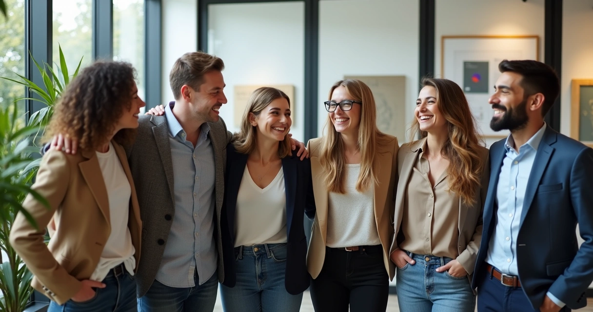 Grupo celebrando conquista com expressão de alegria e conexão em ambiente moderno 