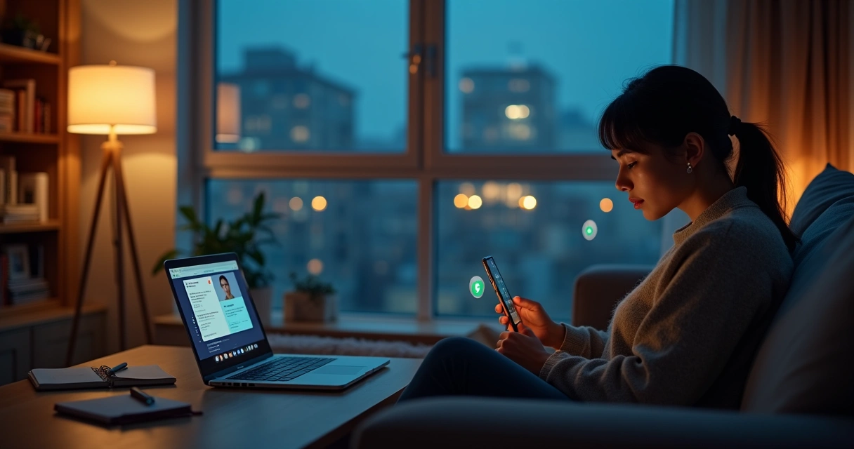 Mujer mirando un muro de redes sociales con reflejo luminoso en la ventana 