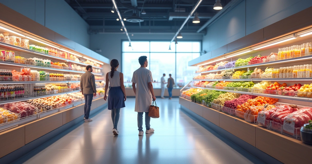 Pessoas comprando menos alimentos processados em supermercado