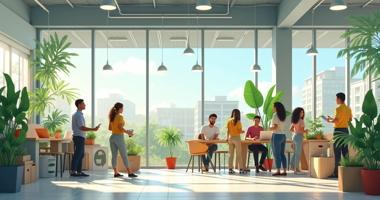 Comunidade trabalhando em espaço compartilhado com elementos de sustentabilidade visíveis 