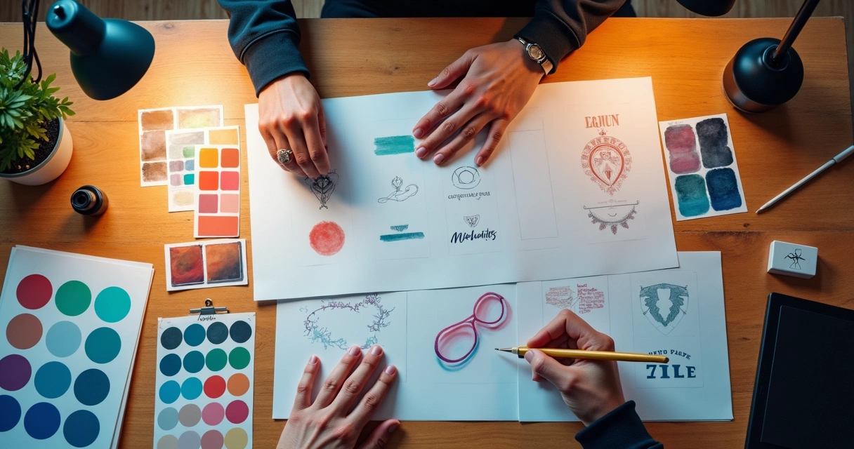 Paleta de cores e diferentes fontes organizadas em uma mesa 