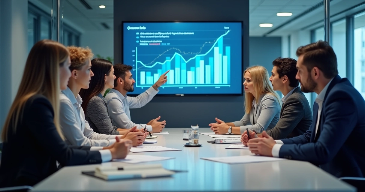 Funcionários reunidos em uma sala de reuniões com gráfico de resultados projetado ao fundo 