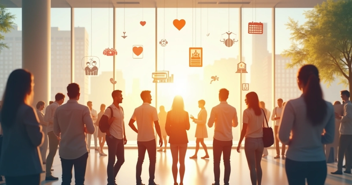 Pessoas interagindo em um ambiente coletivo com símbolos de impacto social