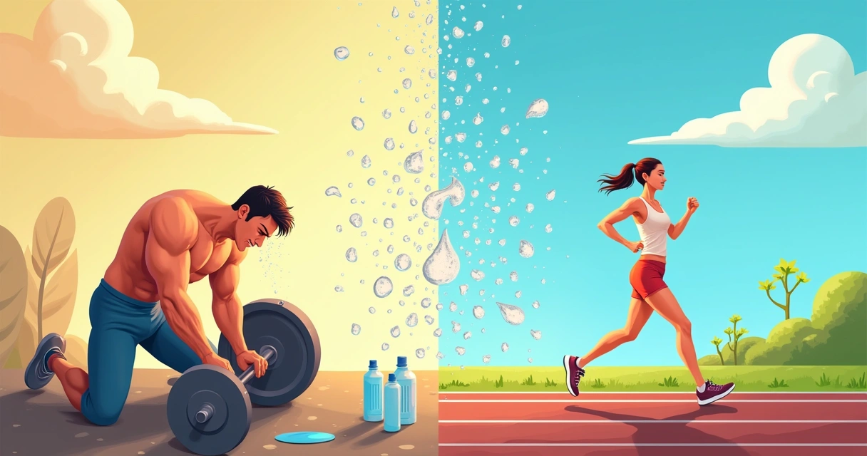 Ilustração de impacto da desidratação na performance, mostrando um atleta cansado e outro em alta performance.