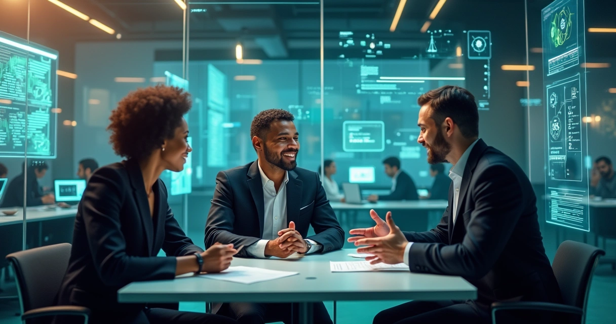 Grupo de advogados discutindo a inteligência artificial no direito, com tecnologia ao fundo.