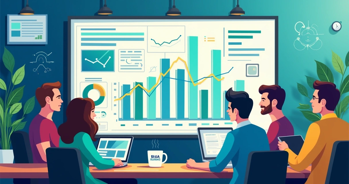 Ambiente de escritório com profissionais analisando dados de marketing digital usando IA, gráficos e anúncios personalizados.