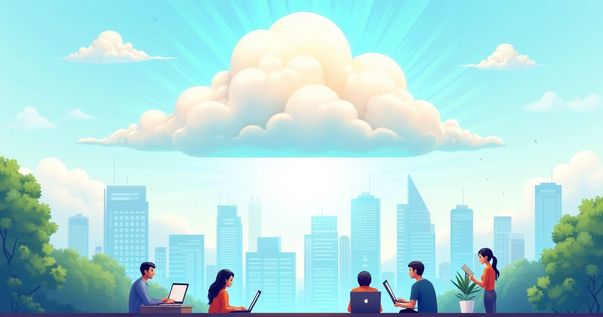 Ilustração de uma nuvem sobre uma cidade moderna, pessoas trabalhando com tecnologia em vários ambientes.