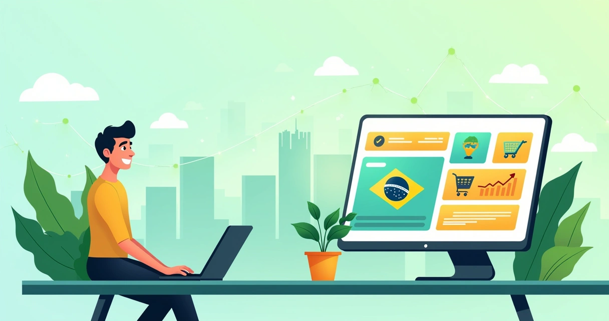 Ilustração de um empresário feliz diante de uma plataforma de dropshipping e marketplaces em um cenário otimista.