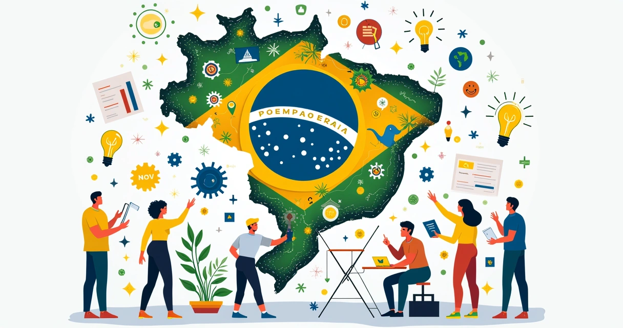 Mapa do Brasil com ícones de inovação e impacto social 